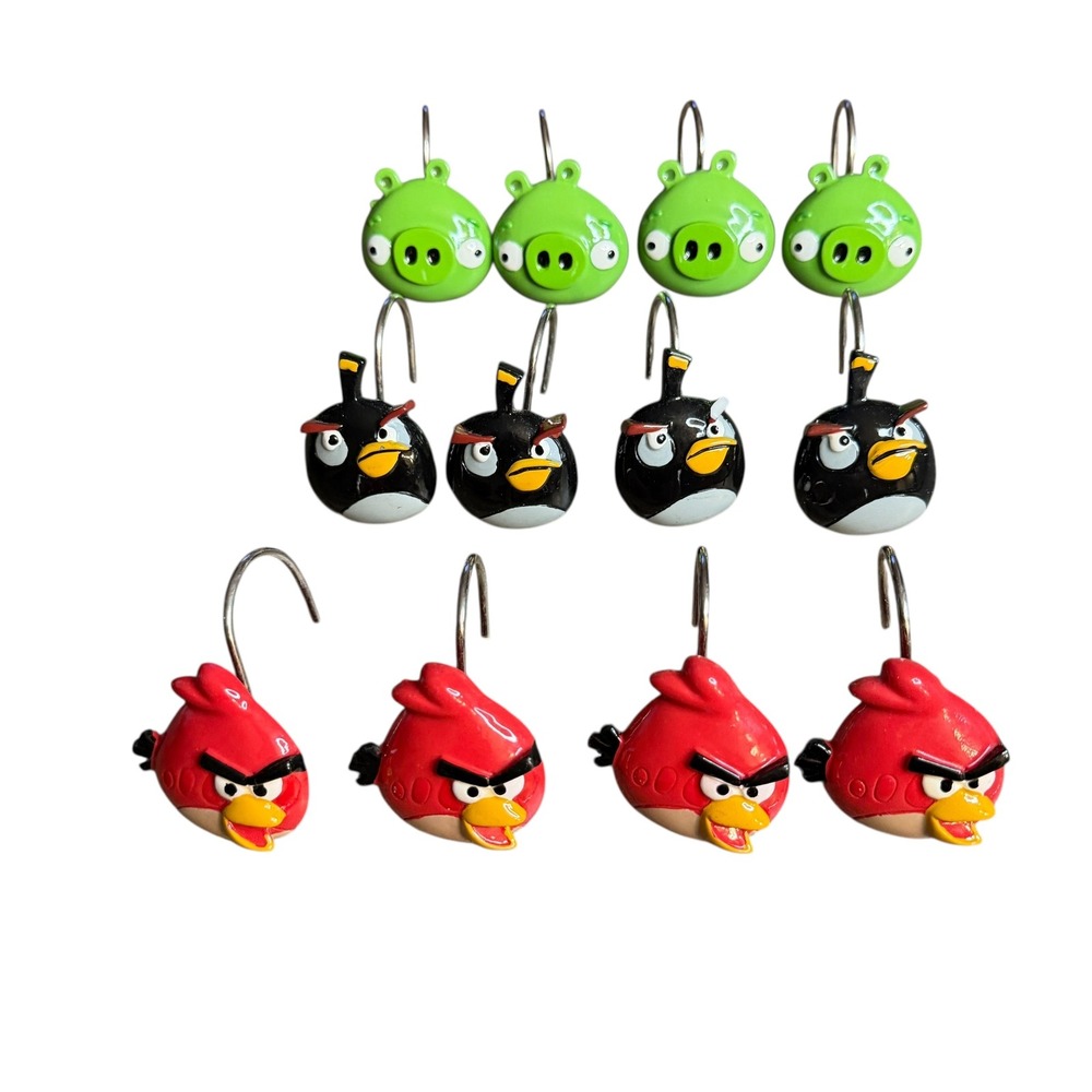 Angry Birds Shower Curtain Hooks Set of 12 Rovio 2013 Red Black Green Pig Decor